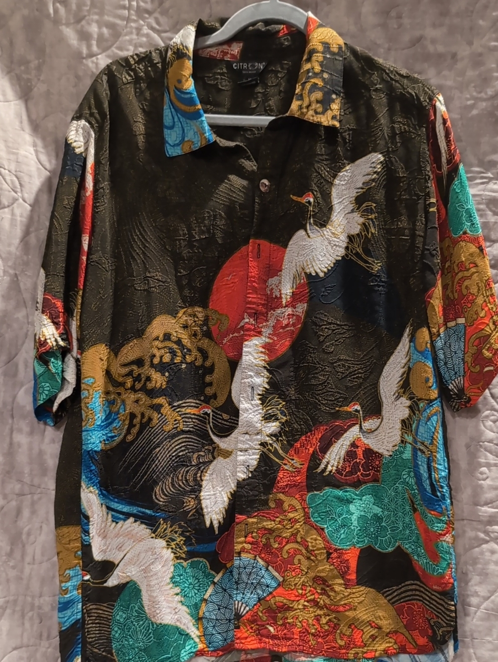 Citron Black Short-Sleeve Button-Down Shirt with Crane & Multicolor Prints